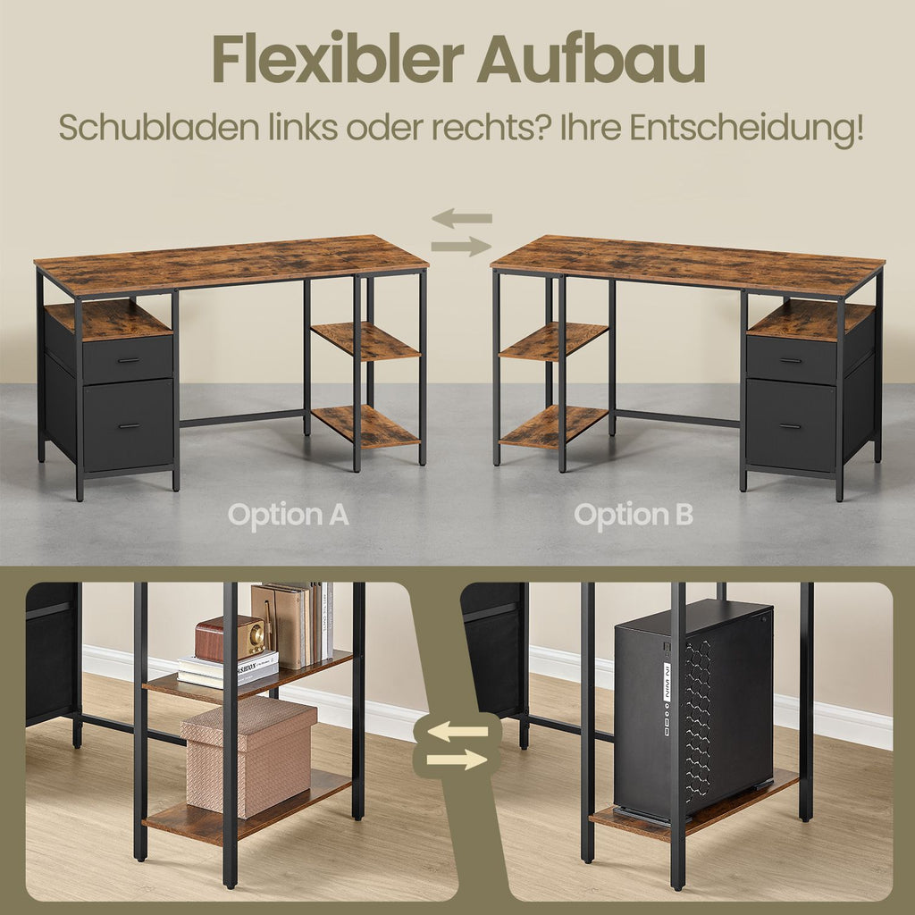 Schreibtisch mit 3 Ablagen, Bürotisch mit 2 Schubladen, 140 x 60 x 76 cm
