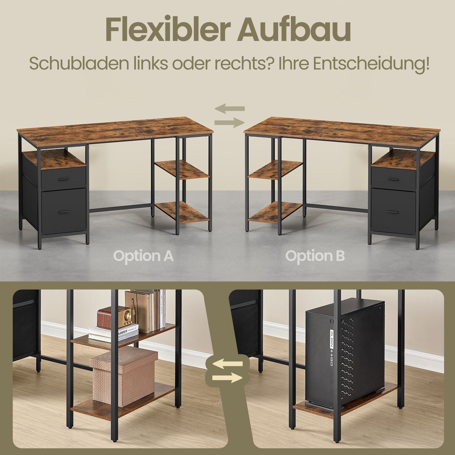 Schreibtisch mit 3 Ablagen, Bürotisch mit 2 Schubladen, 140 x 60 x 76 cm
