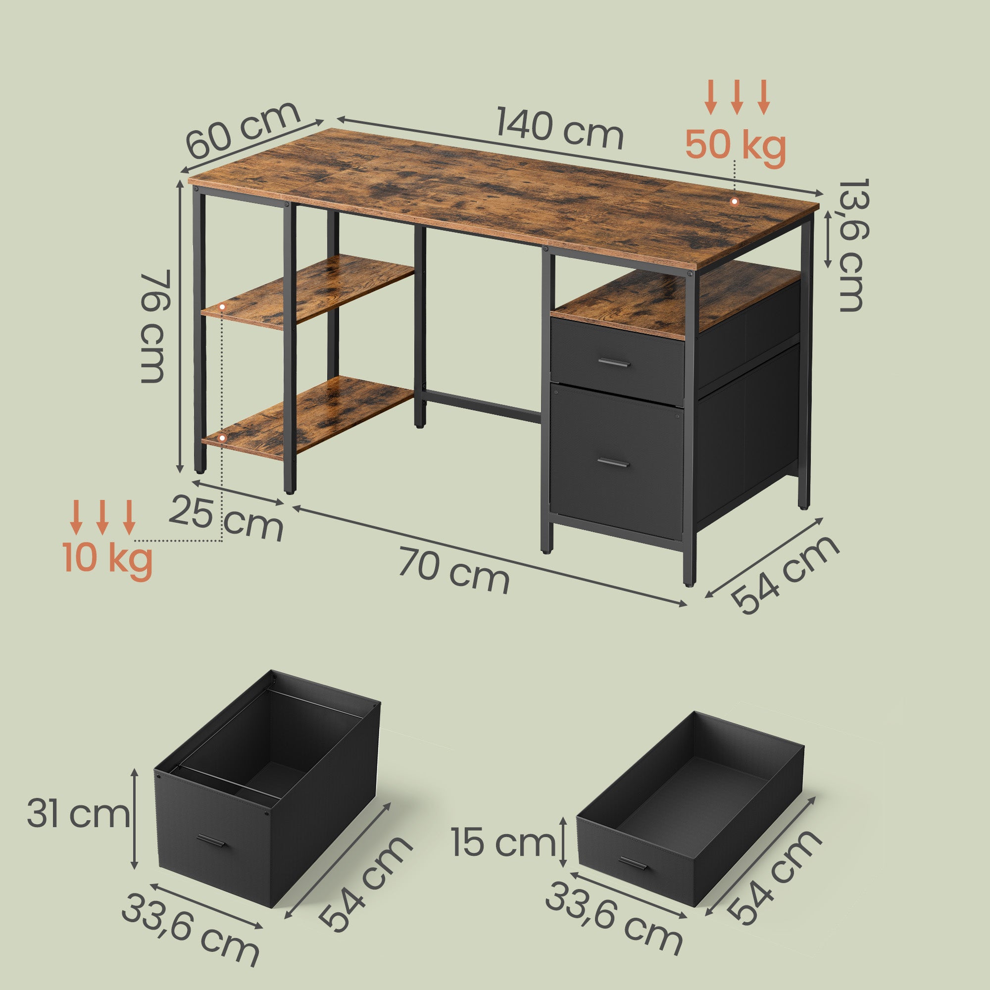 Schreibtisch mit 3 Ablagen, Bürotisch mit 2 Schubladen, 140 x 60 x 76 cm