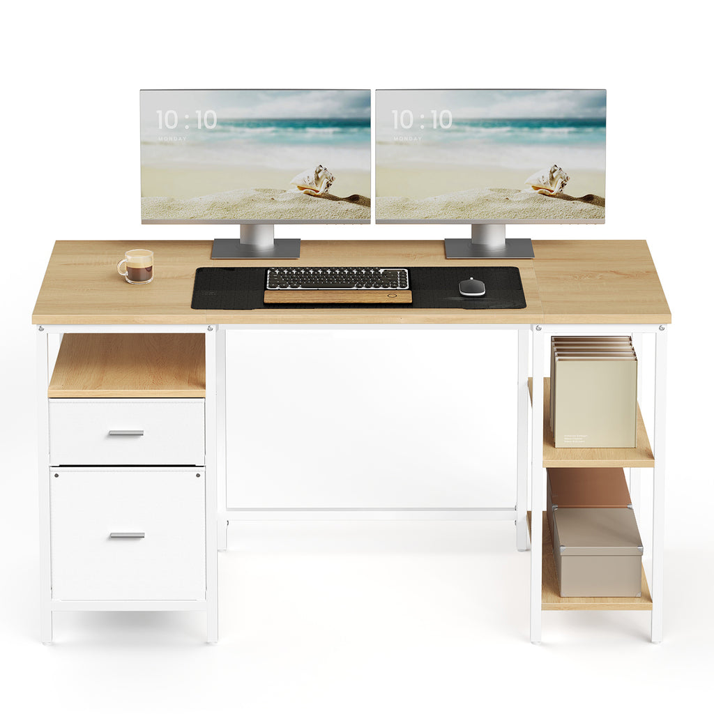 Schreibtisch mit 3 Ablagen, Bürotisch mit 2 Schubladen, 140 x 60 x 76 cm