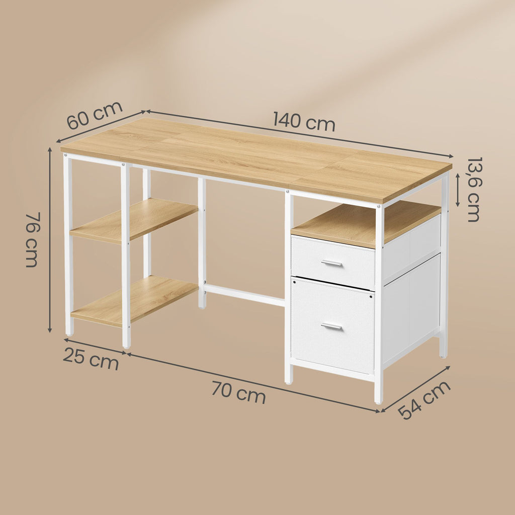 Schreibtisch mit 3 Ablagen, Bürotisch mit 2 Schubladen, 140 x 60 x 76 cm