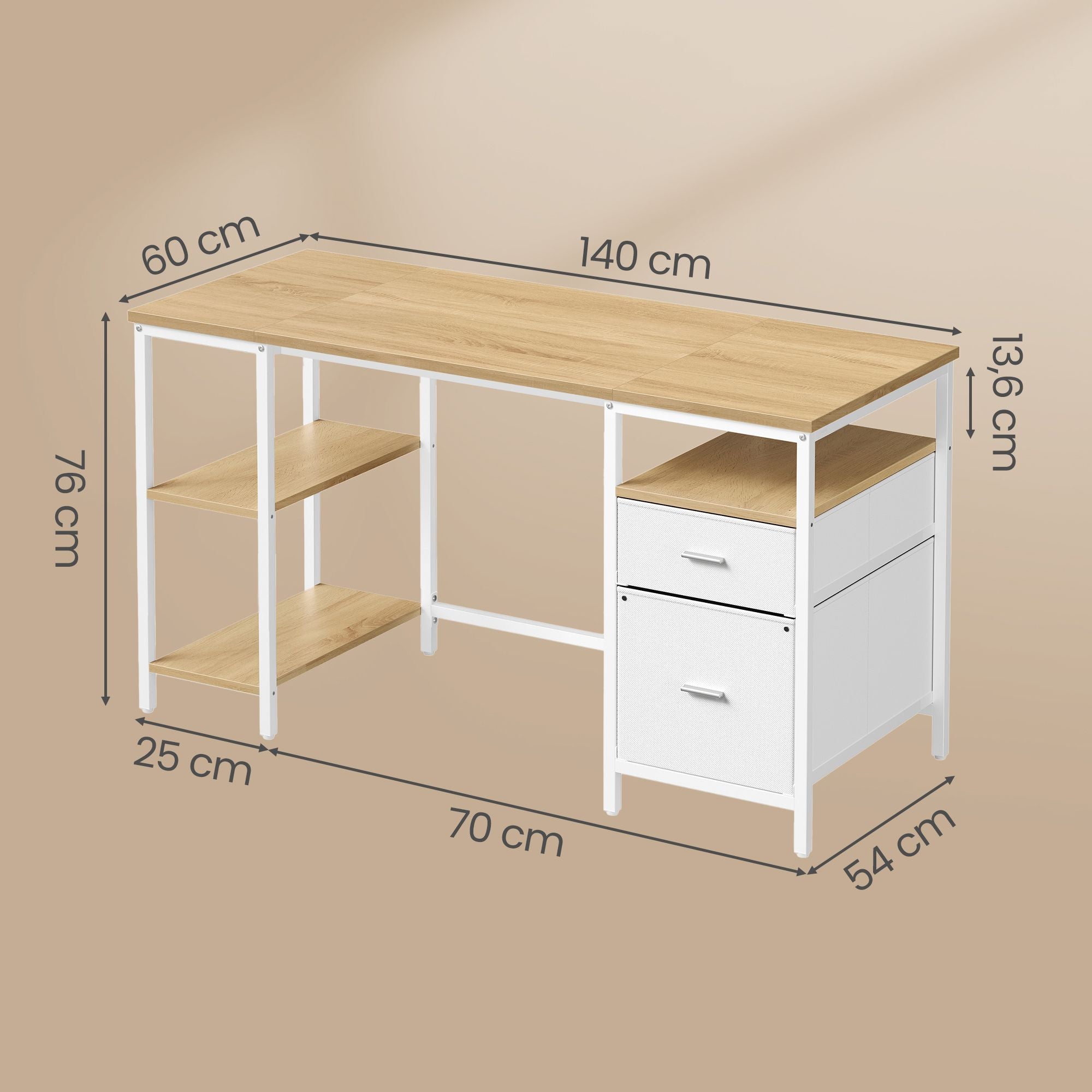 Schreibtisch mit 3 Ablagen, Bürotisch mit 2 Schubladen, 140 x 60 x 76 cm