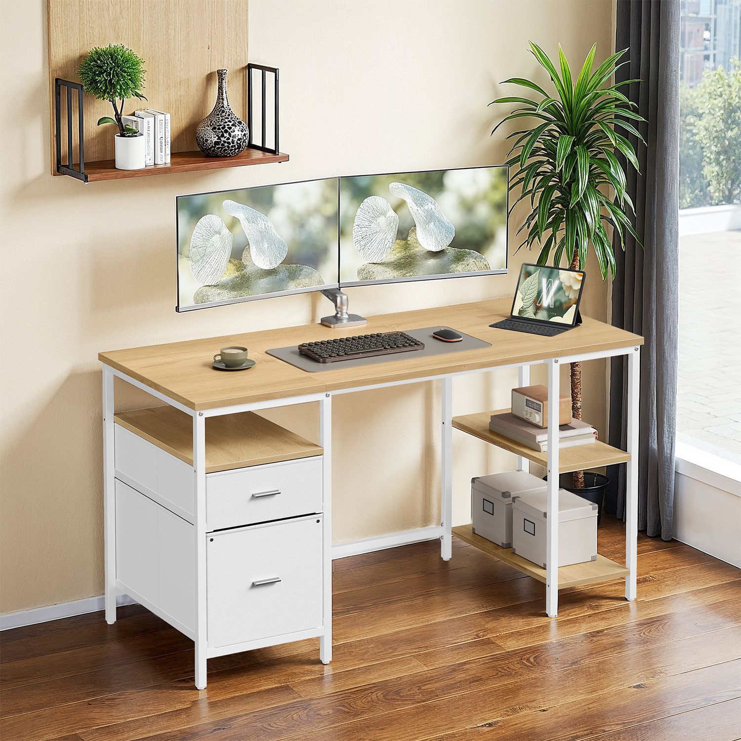Schreibtisch mit 3 Ablagen, Bürotisch mit 2 Schubladen, 140 x 60 x 76 cm