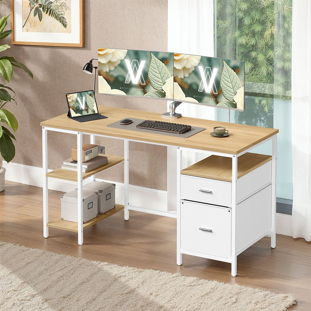 Schreibtisch mit 3 Ablagen, Bürotisch mit 2 Schubladen, 140 x 60 x 76 cm