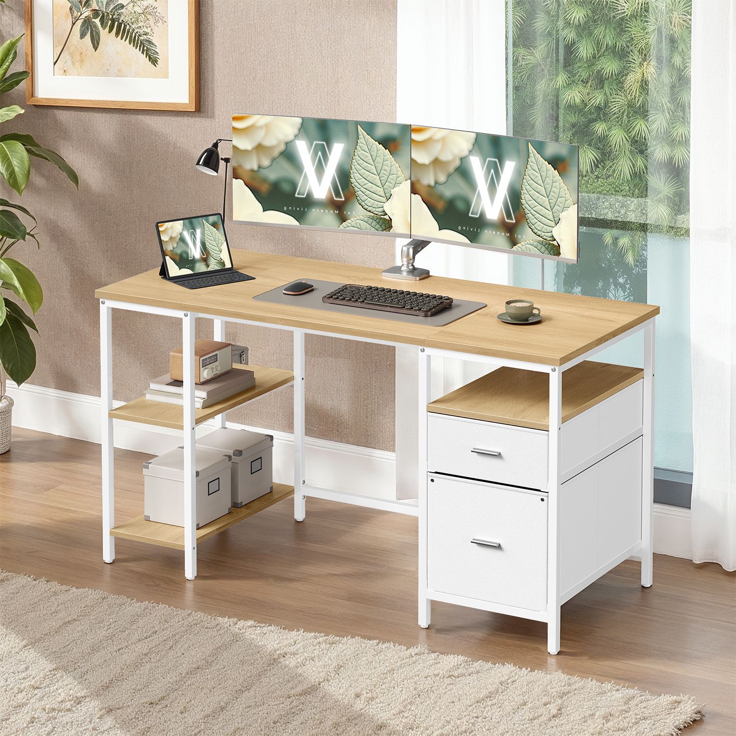 Schreibtisch mit 3 Ablagen, Bürotisch mit 2 Schubladen, 140 x 60 x 76 cm