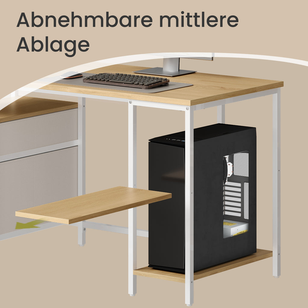 Schreibtisch mit 3 Ablagen, Bürotisch mit 2 Schubladen, 140 x 60 x 76 cm