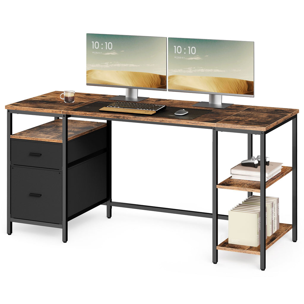 Schreibtisch mit 3 Ablagen, Bürotisch mit 2 Schubladen, 160 x 60 x 76 cm