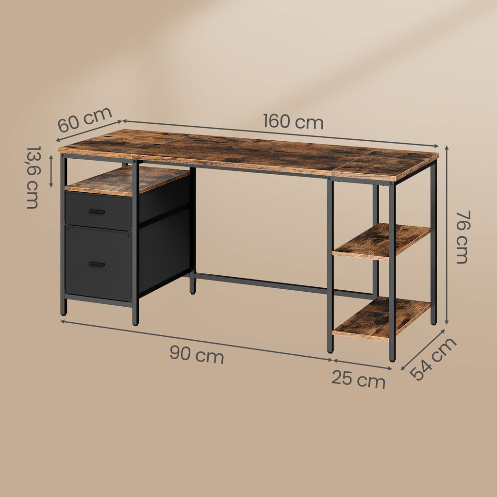 Schreibtisch mit 3 Ablagen, Bürotisch mit 2 Schubladen, 160 x 60 x 76 cm