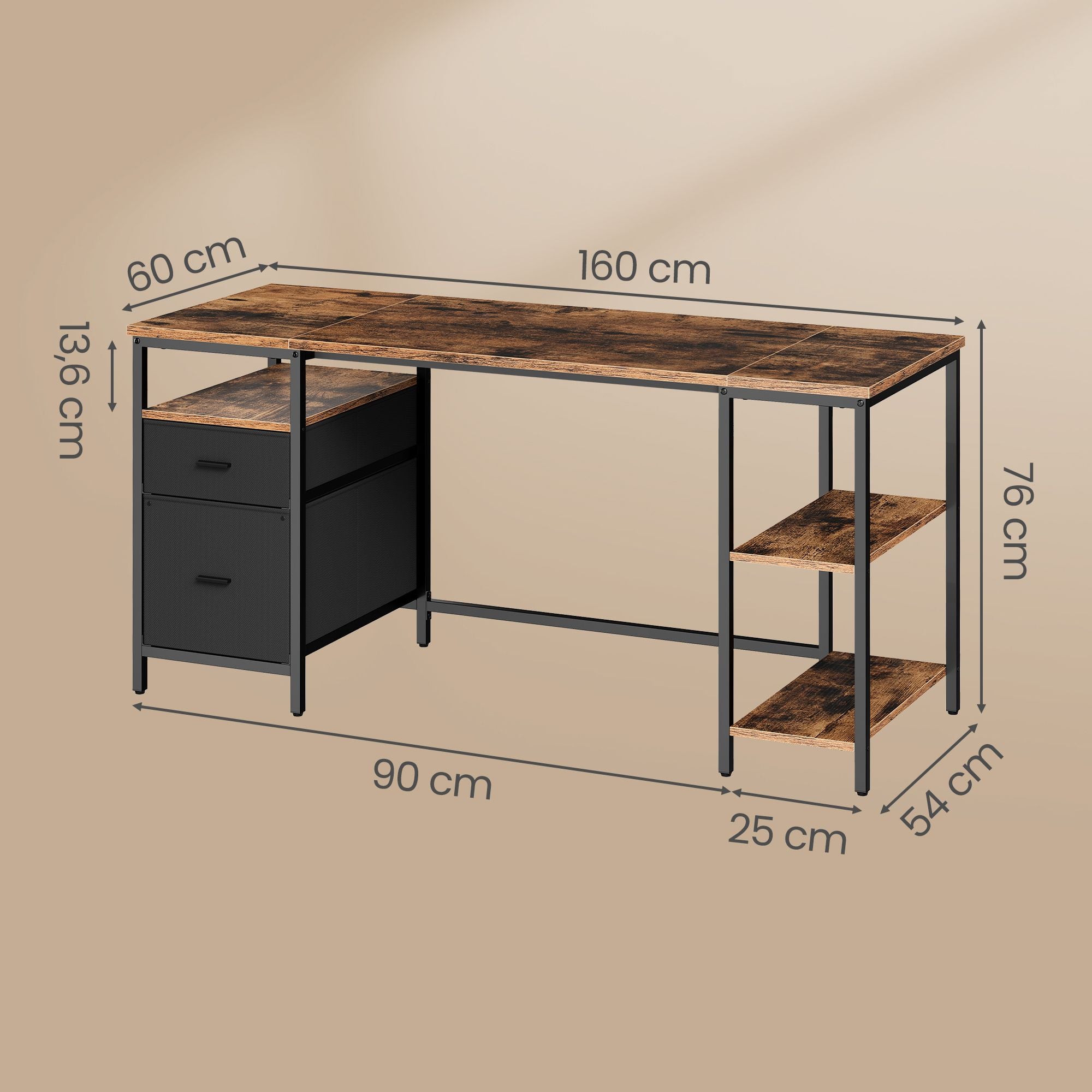 Schreibtisch mit 3 Ablagen, Bürotisch mit 2 Schubladen, 160 x 60 x 76 cm