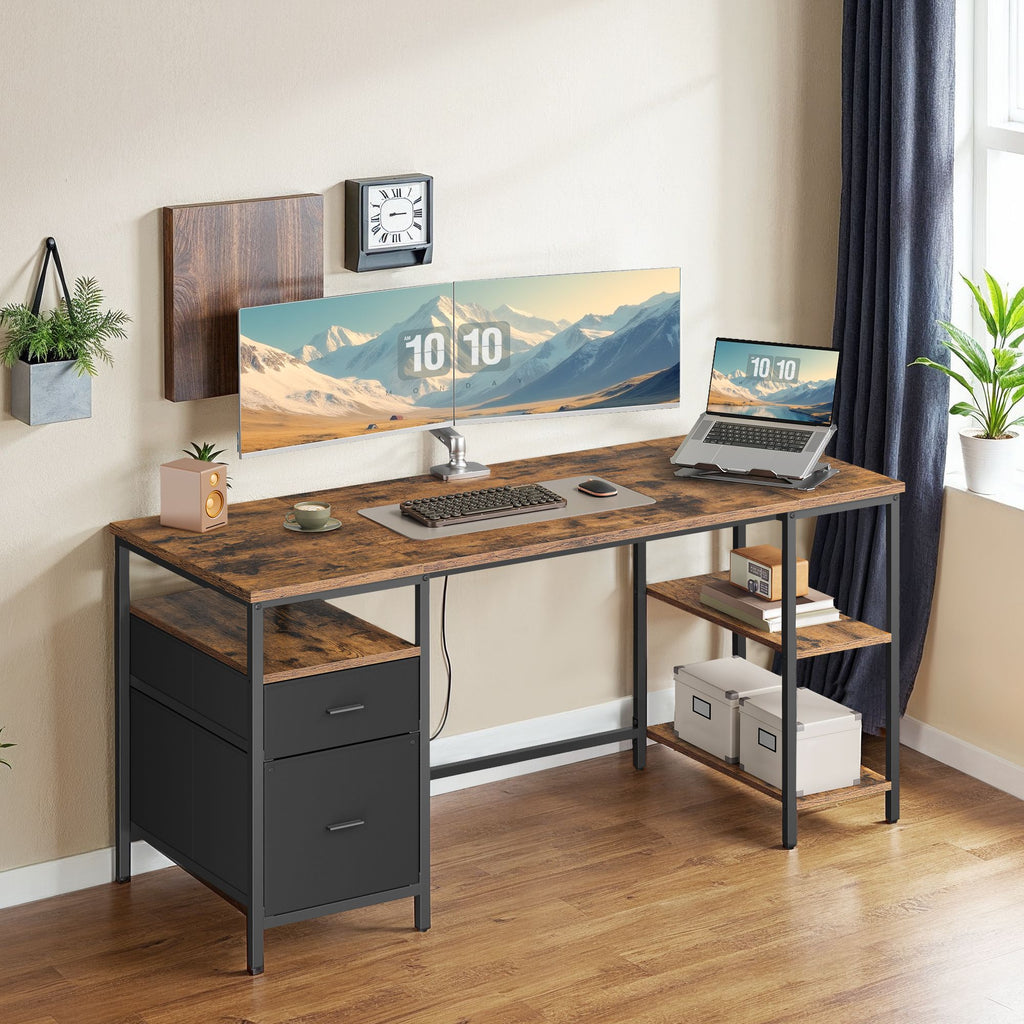 Schreibtisch mit 3 Ablagen, Bürotisch mit 2 Schubladen, 160 x 60 x 76 cm