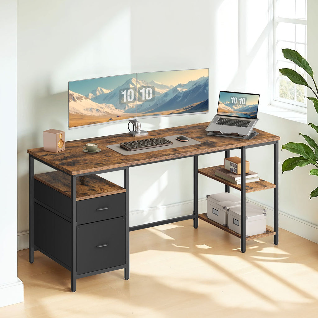 Schreibtisch mit 3 Ablagen, Bürotisch mit 2 Schubladen, 160 x 60 x 76 cm