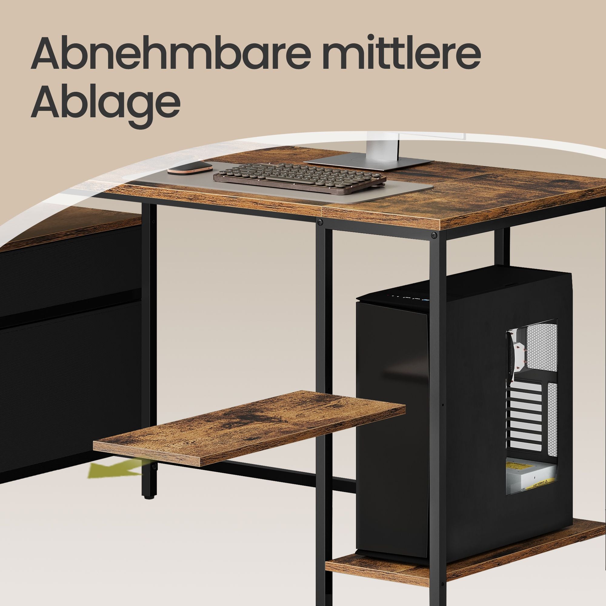 Schreibtisch mit 3 Ablagen, Bürotisch mit 2 Schubladen, 160 x 60 x 76 cm