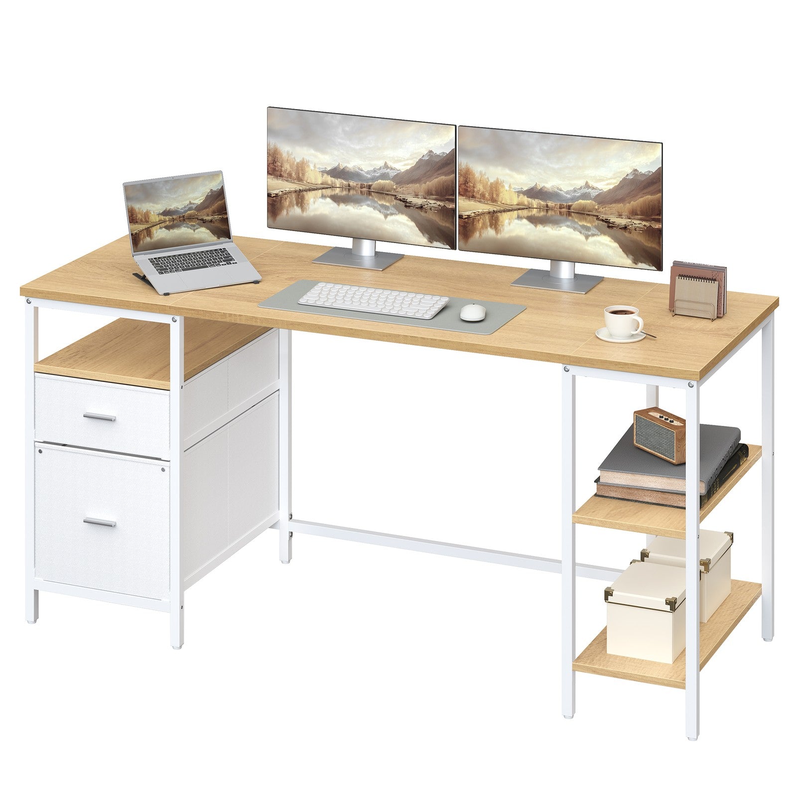 Schreibtisch mit 3 Ablagen, Bürotisch mit 2 Schubladen, 160 x 60 x 76 cm