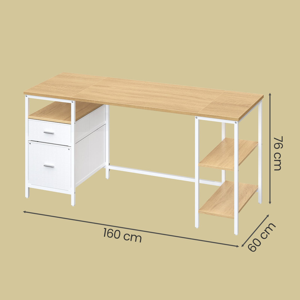 Schreibtisch mit 3 Ablagen, Bürotisch mit 2 Schubladen, 160 x 60 x 76 cm