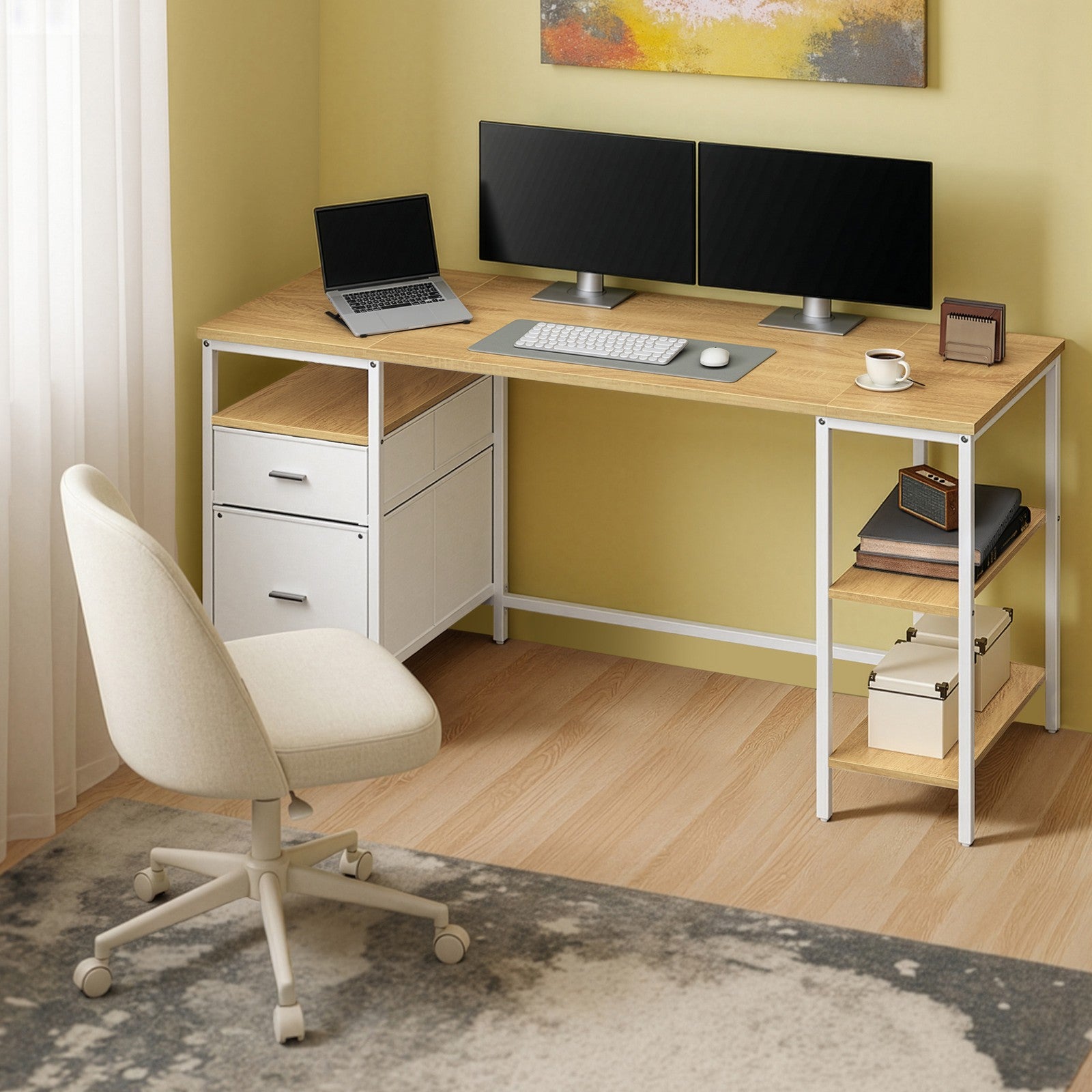 Schreibtisch mit 3 Ablagen, Bürotisch mit 2 Schubladen, 160 x 60 x 76 cm