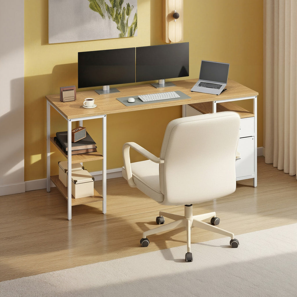 Schreibtisch mit 3 Ablagen, Bürotisch mit 2 Schubladen, 160 x 60 x 76 cm