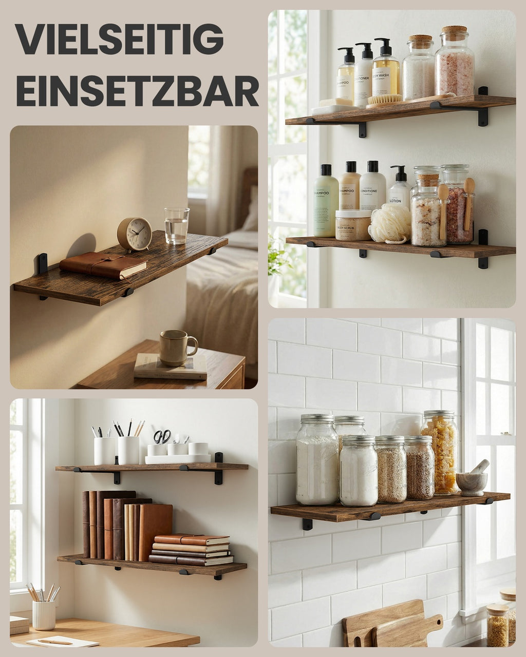 Wandregal 20 x 60 x 7 cm bis zu 10 kg belastbar vintagebraun-Mattschwarz