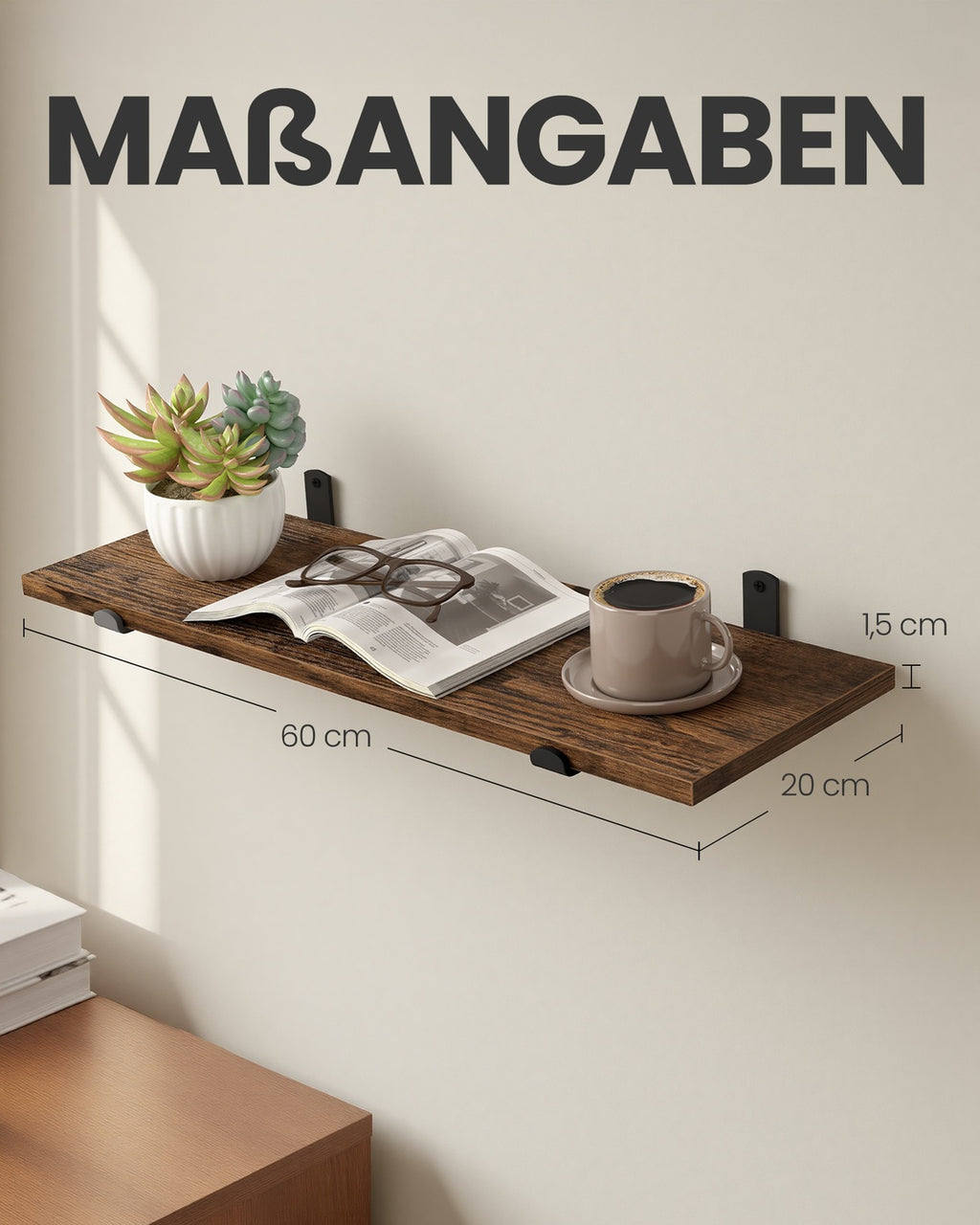 Wandregal 20 x 60 x 7 cm bis zu 10 kg belastbar vintagebraun-Mattschwarz