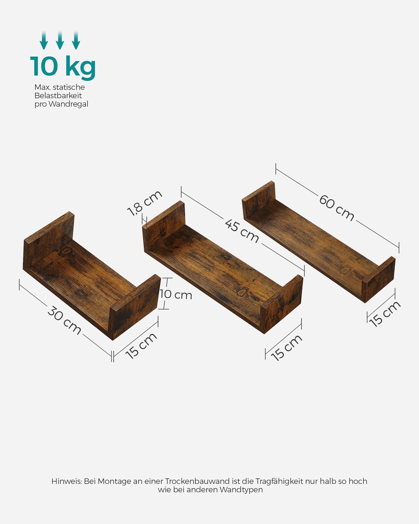 Wandregal 3er Set 30/45/60 cm zur Wandmontage