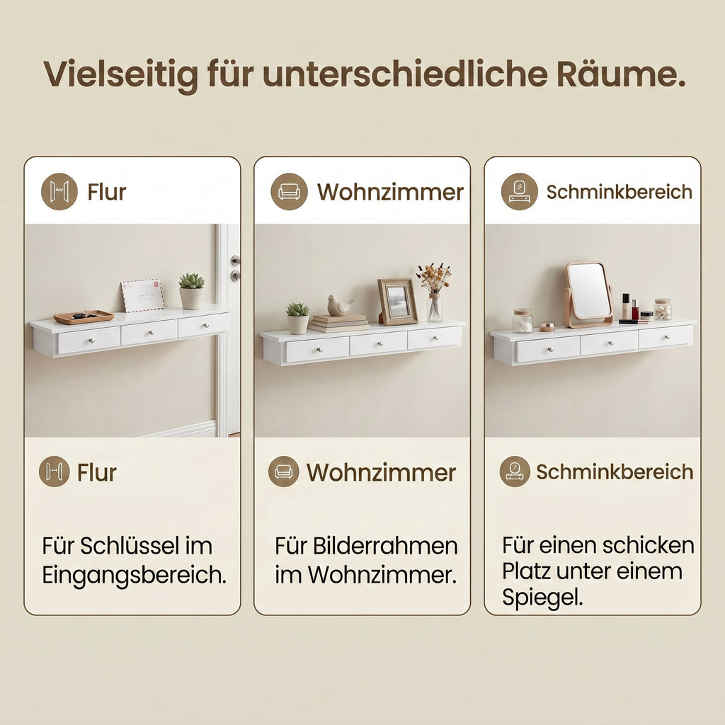 Schweberegal, Wandregal, mit 3 Schubladen
