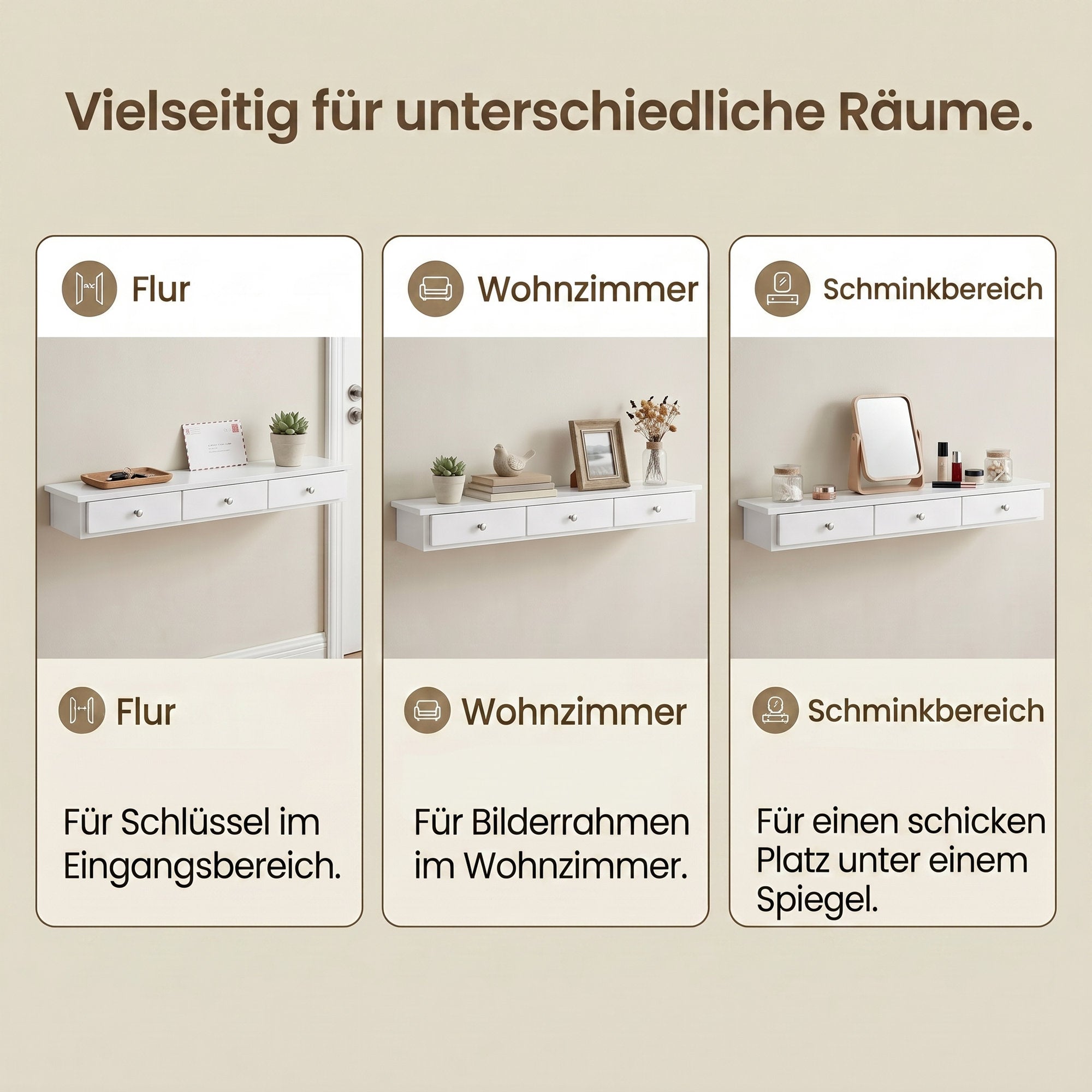 Schweberegal, Wandregal, mit 3 Schubladen