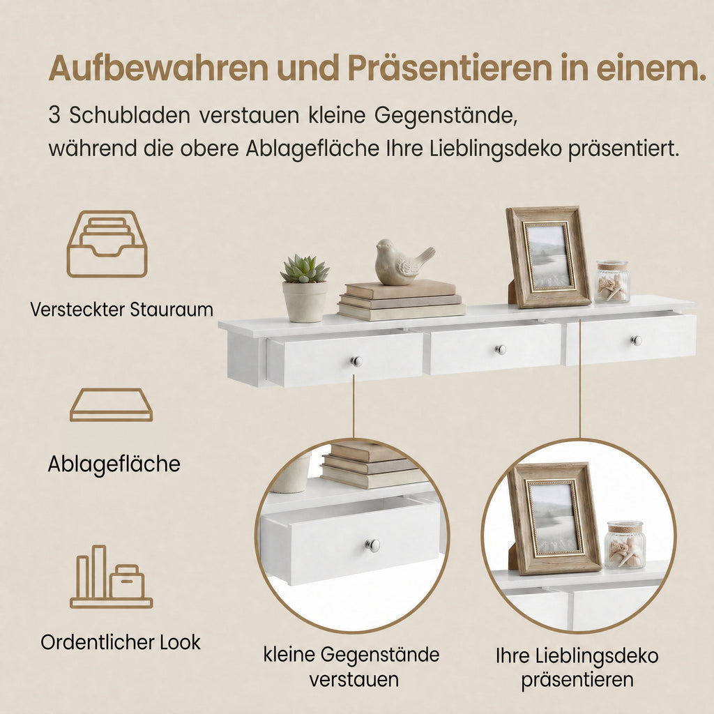 Schweberegal, Wandregal, mit 3 Schubladen