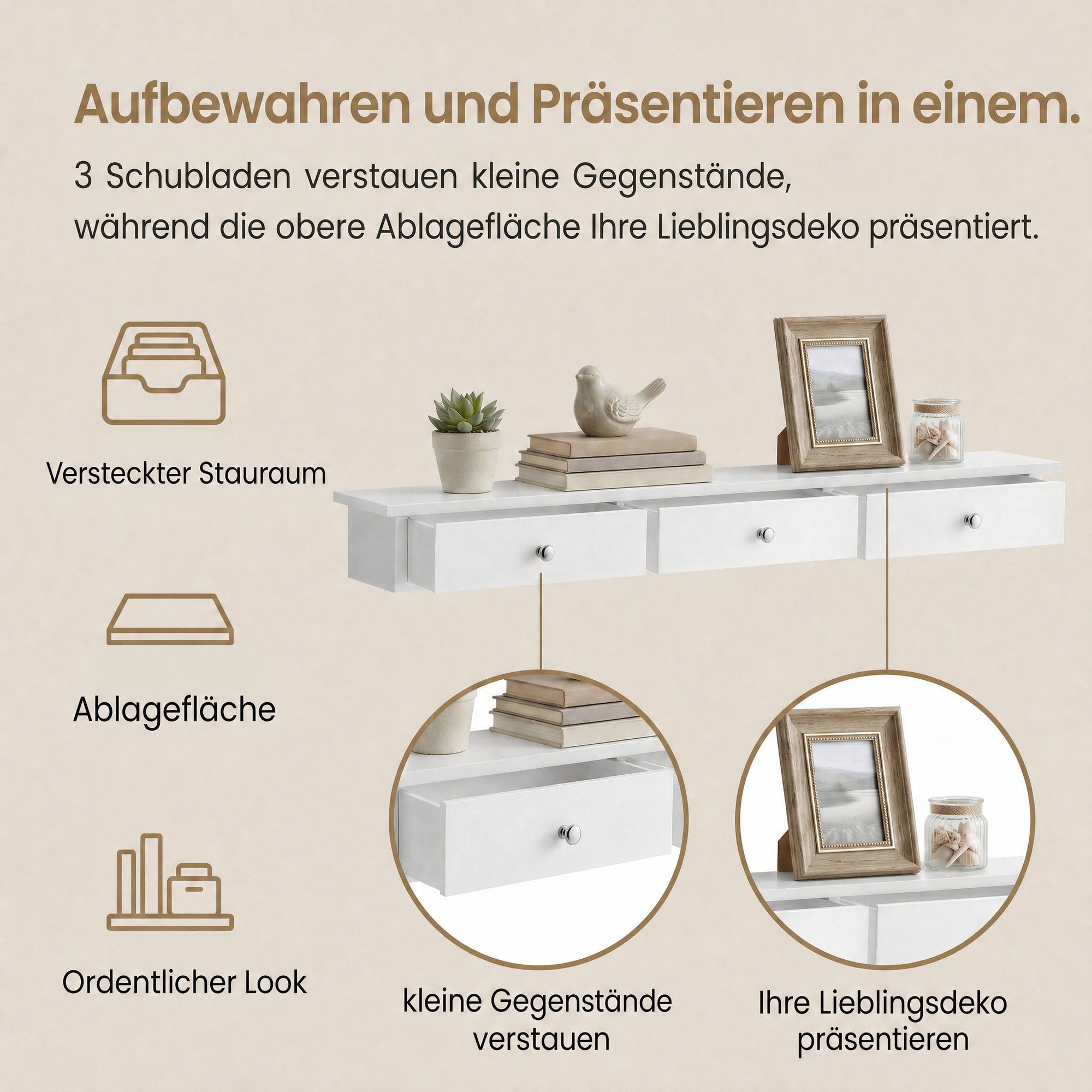 Schweberegal, Wandregal, mit 3 Schubladen