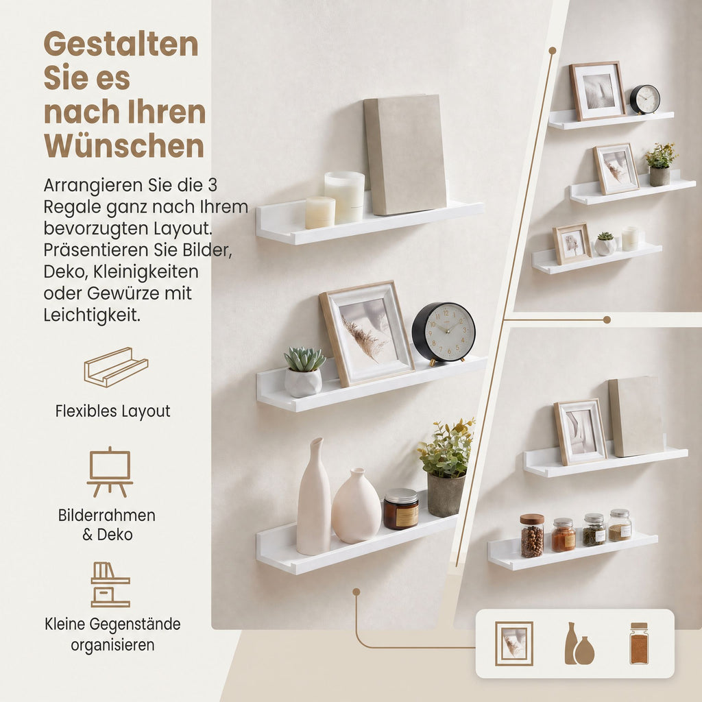Wandregal 3er Set, Schweberegal für Fotorahmen und Dekos, Regal für Wohnzimmer