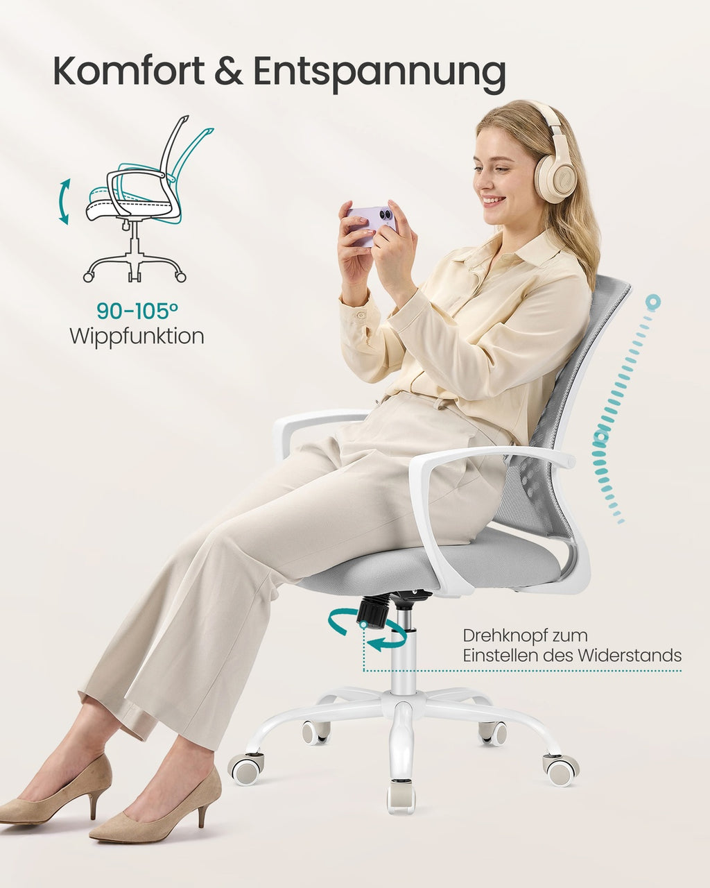 Bürostuhl mit Netzbespannunghöhenverstellbar Wippfunktion taubengrau