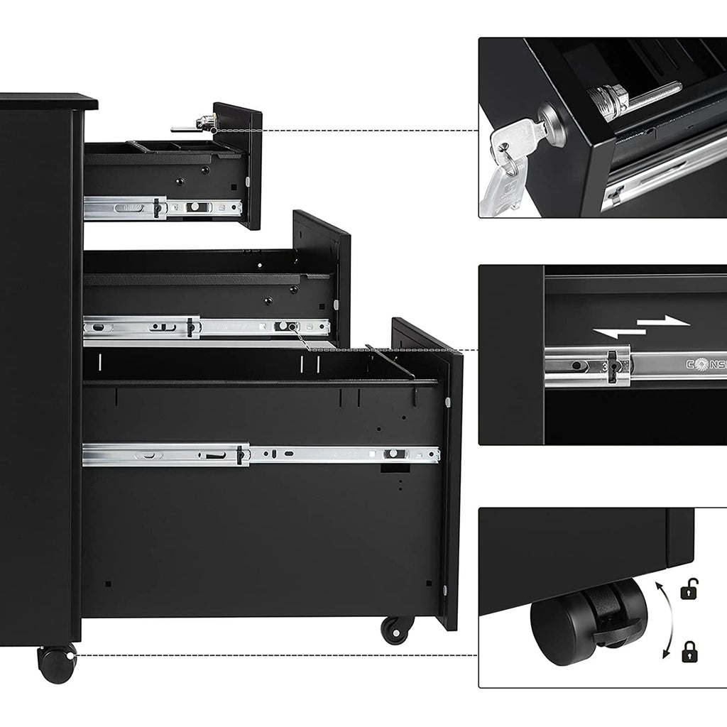 Rollcontainer mit Rollen und Schloss schwarz