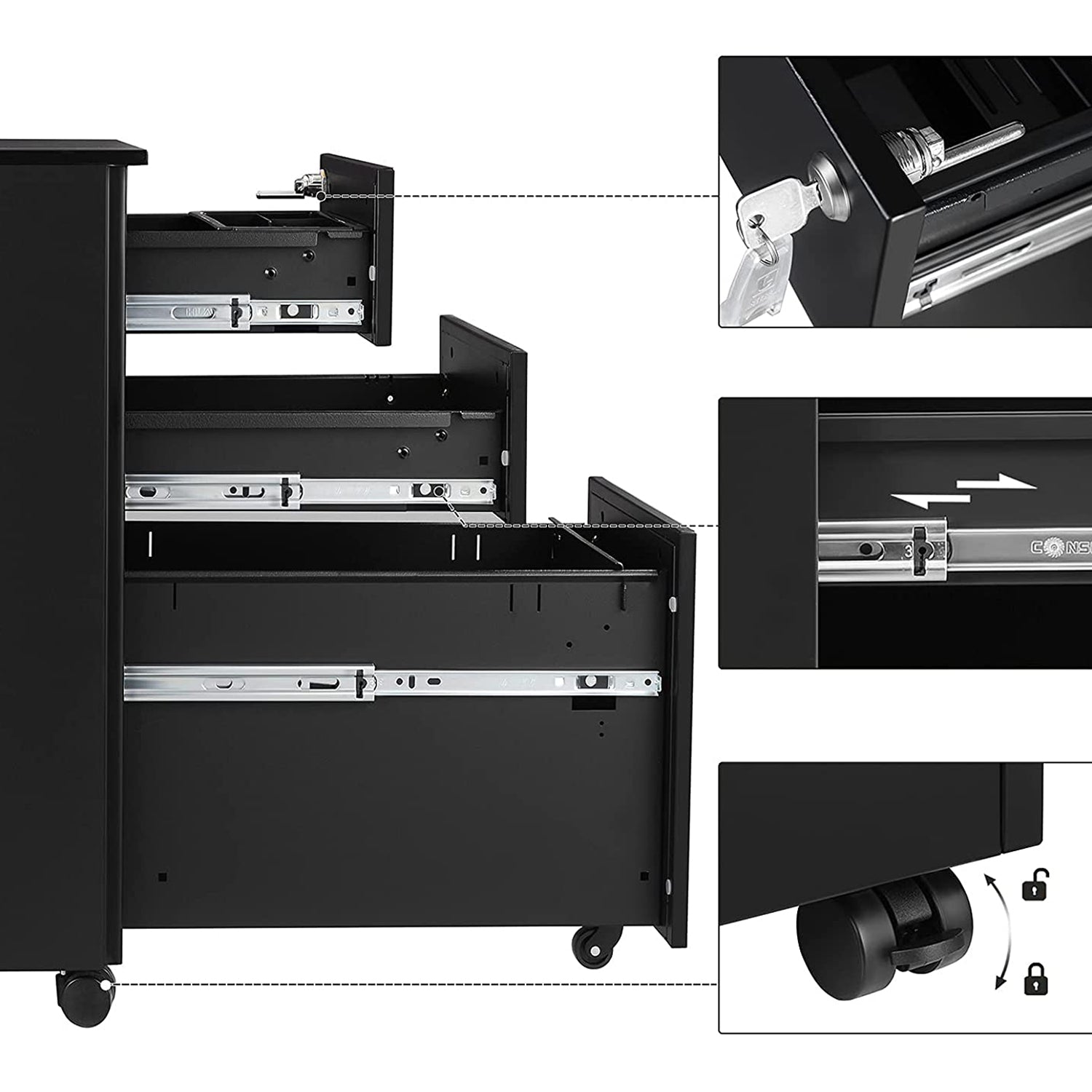 Rollcontainer mit Rollen und Schloss schwarz