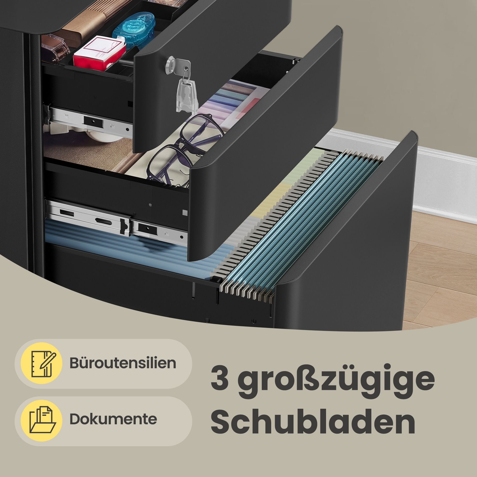 Rollcontainer, Aktenschrank, Büroschrank mit Rollen