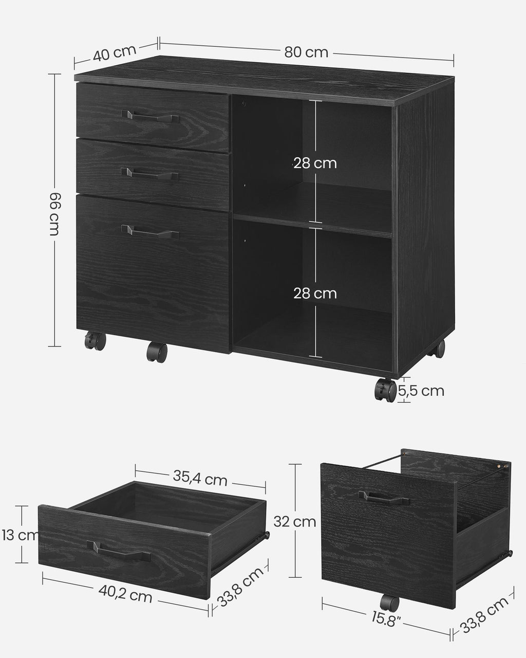Rollcontainer mit 3 Schubladen und Rollen schwarz