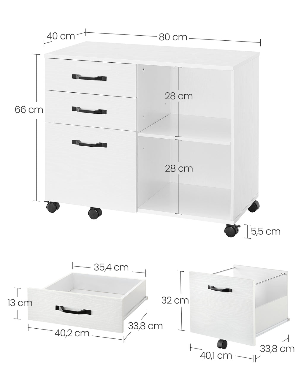 Rollcontainer mit 3 Schubladen und Rollen weiß