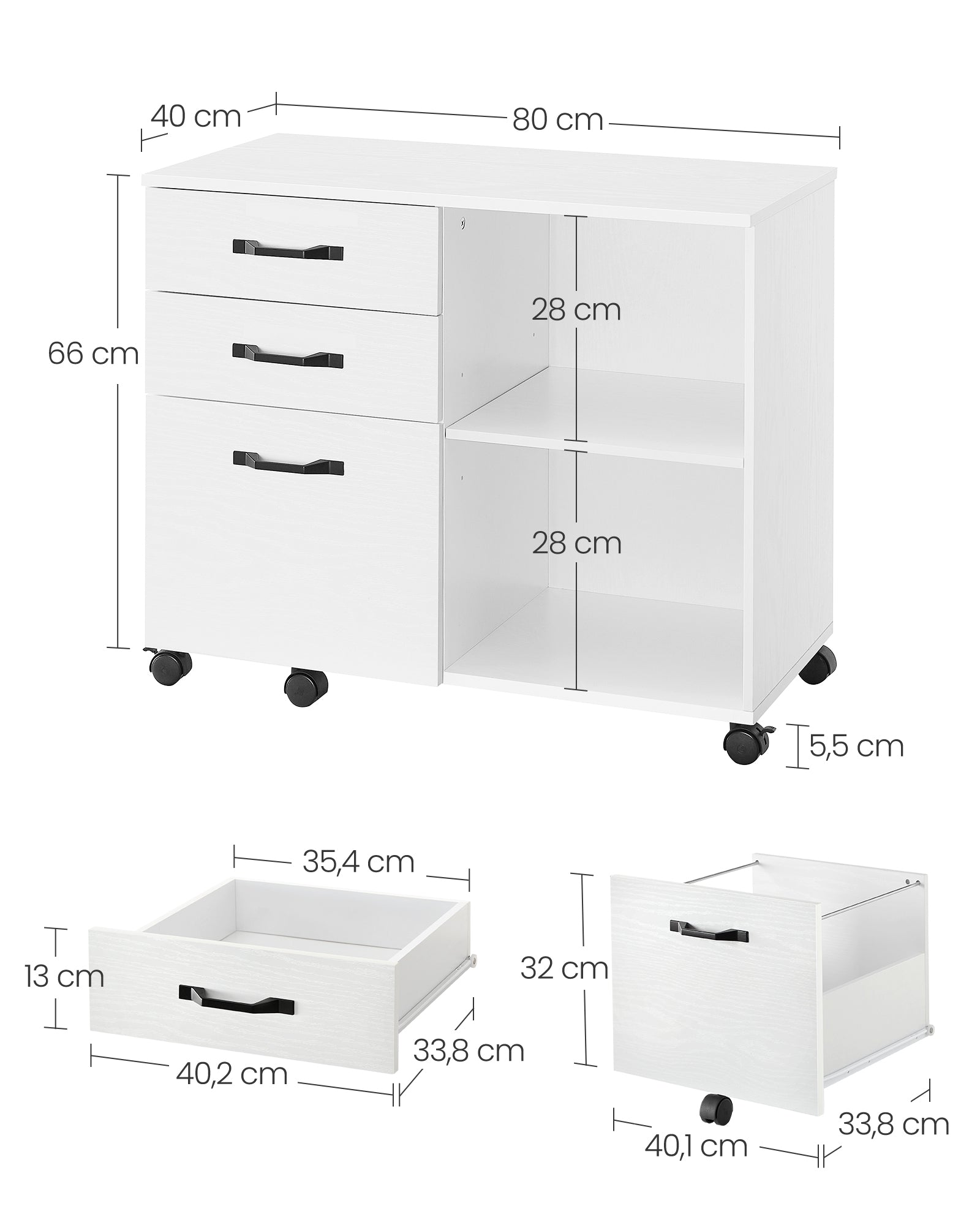 Rollcontainer mit 3 Schubladen und Rollen weiß