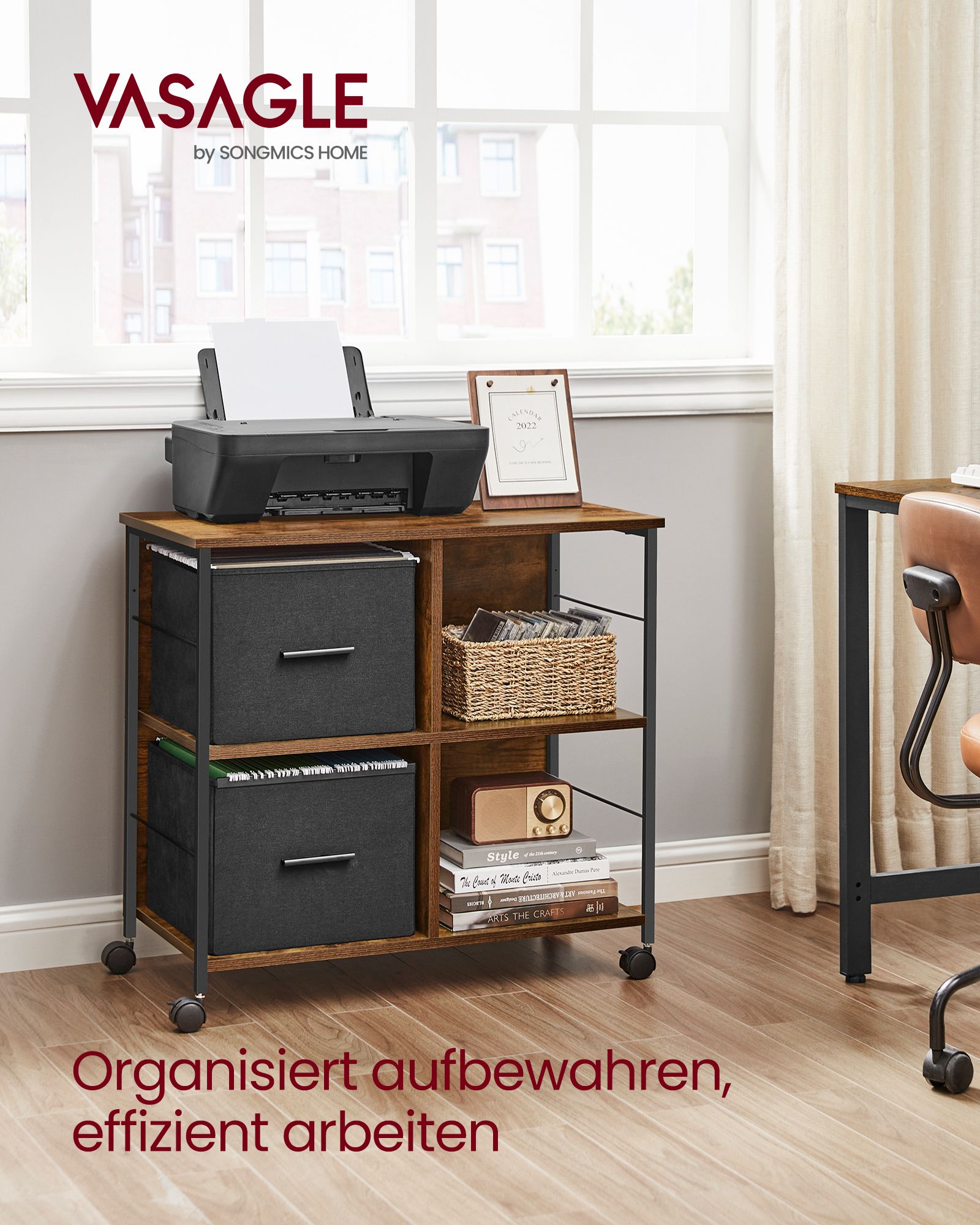 Büroschrank mit 2 Stoffschubladen Letter-Format vintagebraun-tintenschwarz