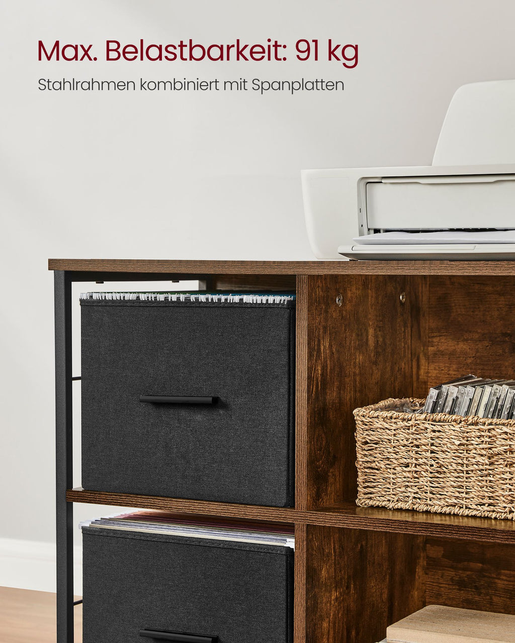 Büroschrank mit 2 Stoffschubladen Letter-Format vintagebraun-tintenschwarz