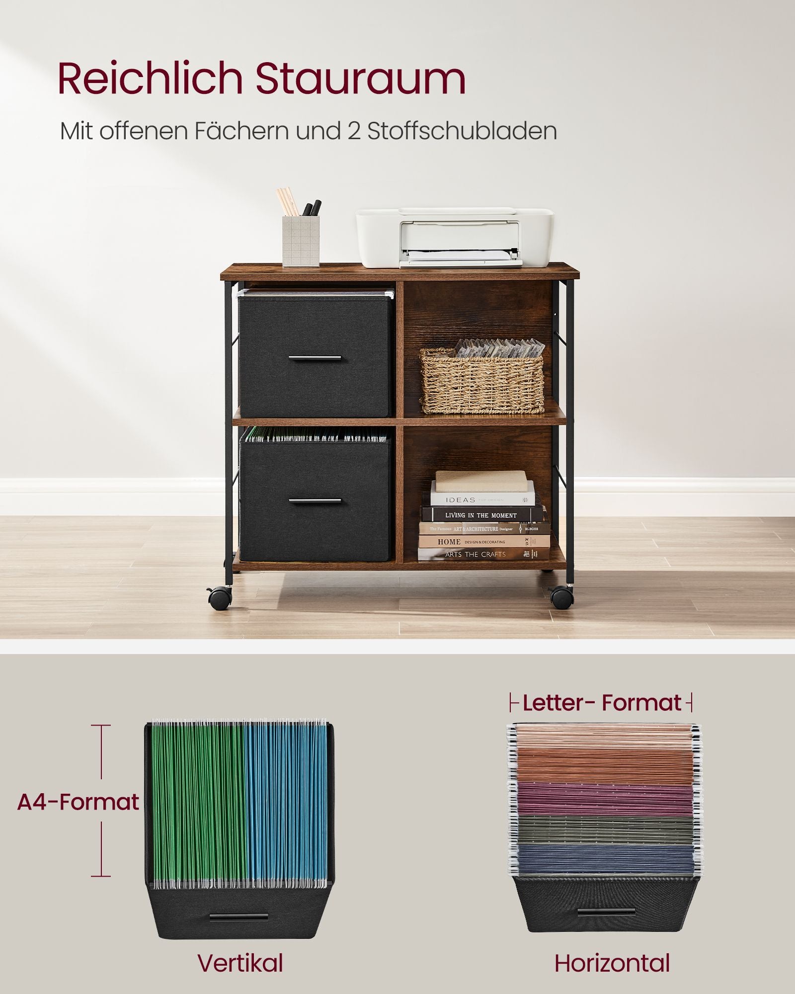 Büroschrank mit 2 Stoffschubladen Letter-Format vintagebraun-tintenschwarz