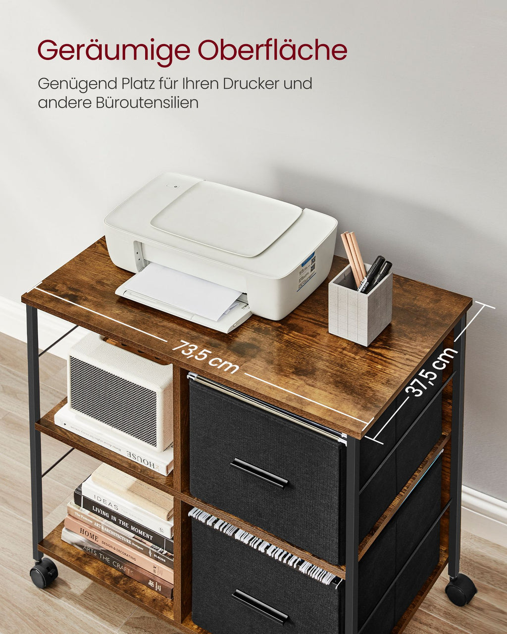 Büroschrank mit 2 Stoffschubladen Letter-Format vintagebraun-tintenschwarz