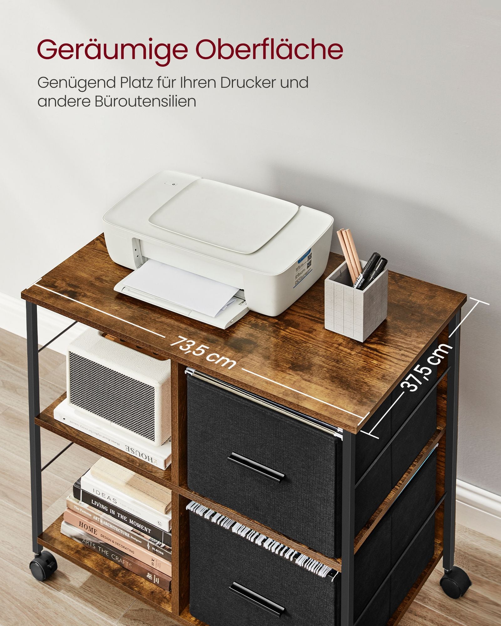 Büroschrank mit 2 Stoffschubladen Letter-Format vintagebraun-tintenschwarz