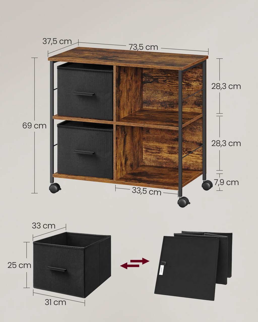 Büroschrank mit 2 Stoffschubladen Letter-Format vintagebraun-tintenschwarz