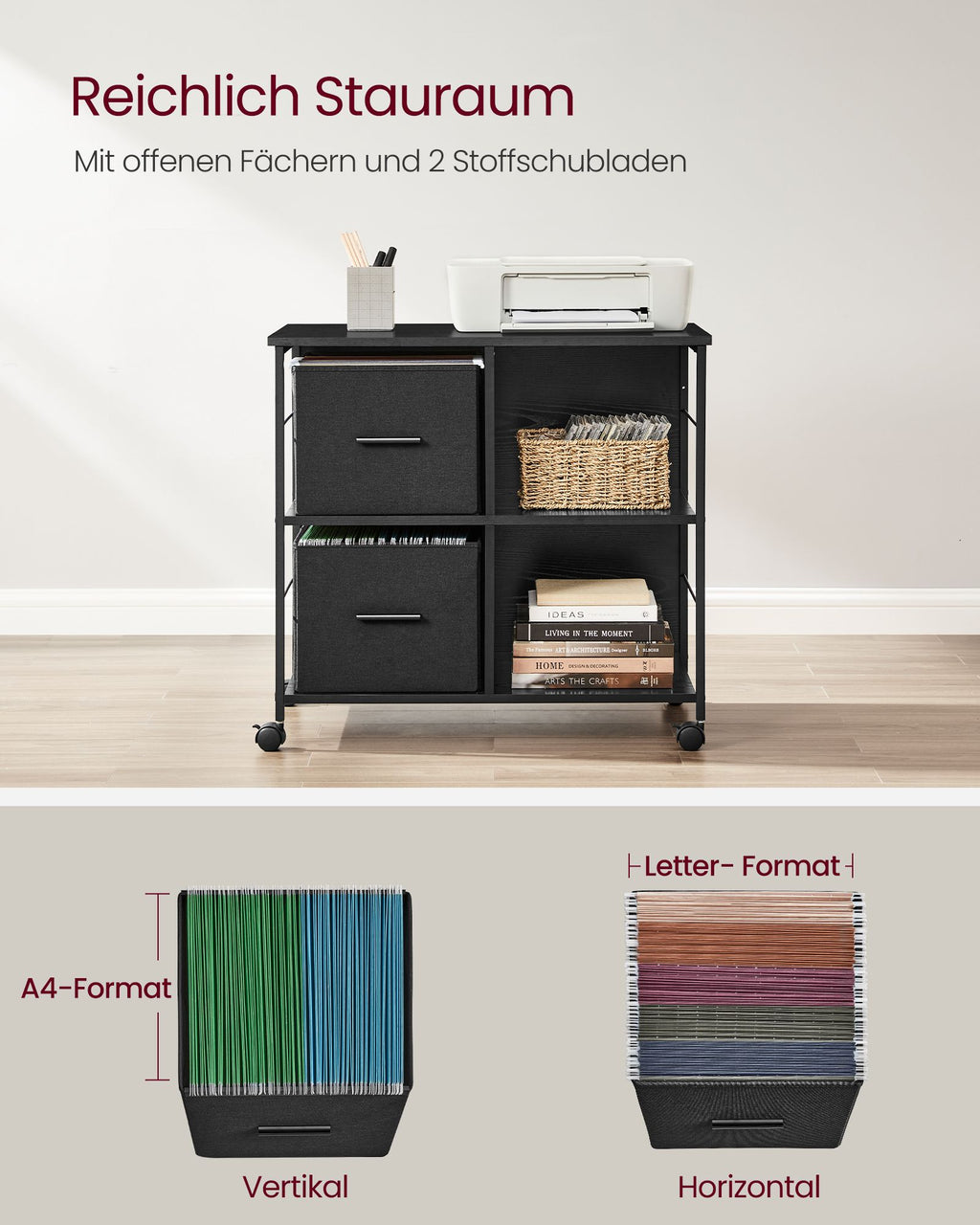 Büroschrank mit 2 Stoffschubladen ebenholzschwarz