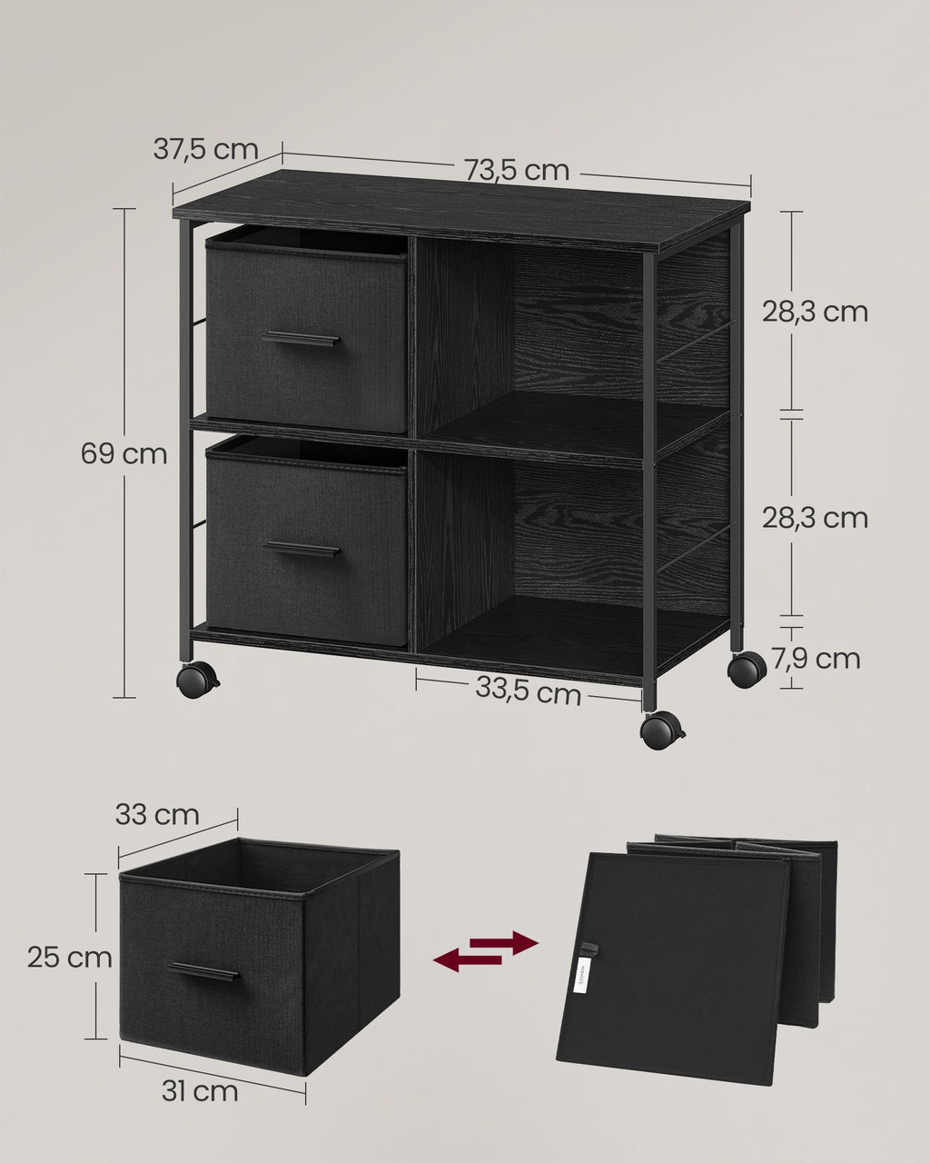Büroschrank mit 2 Stoffschubladen ebenholzschwarz