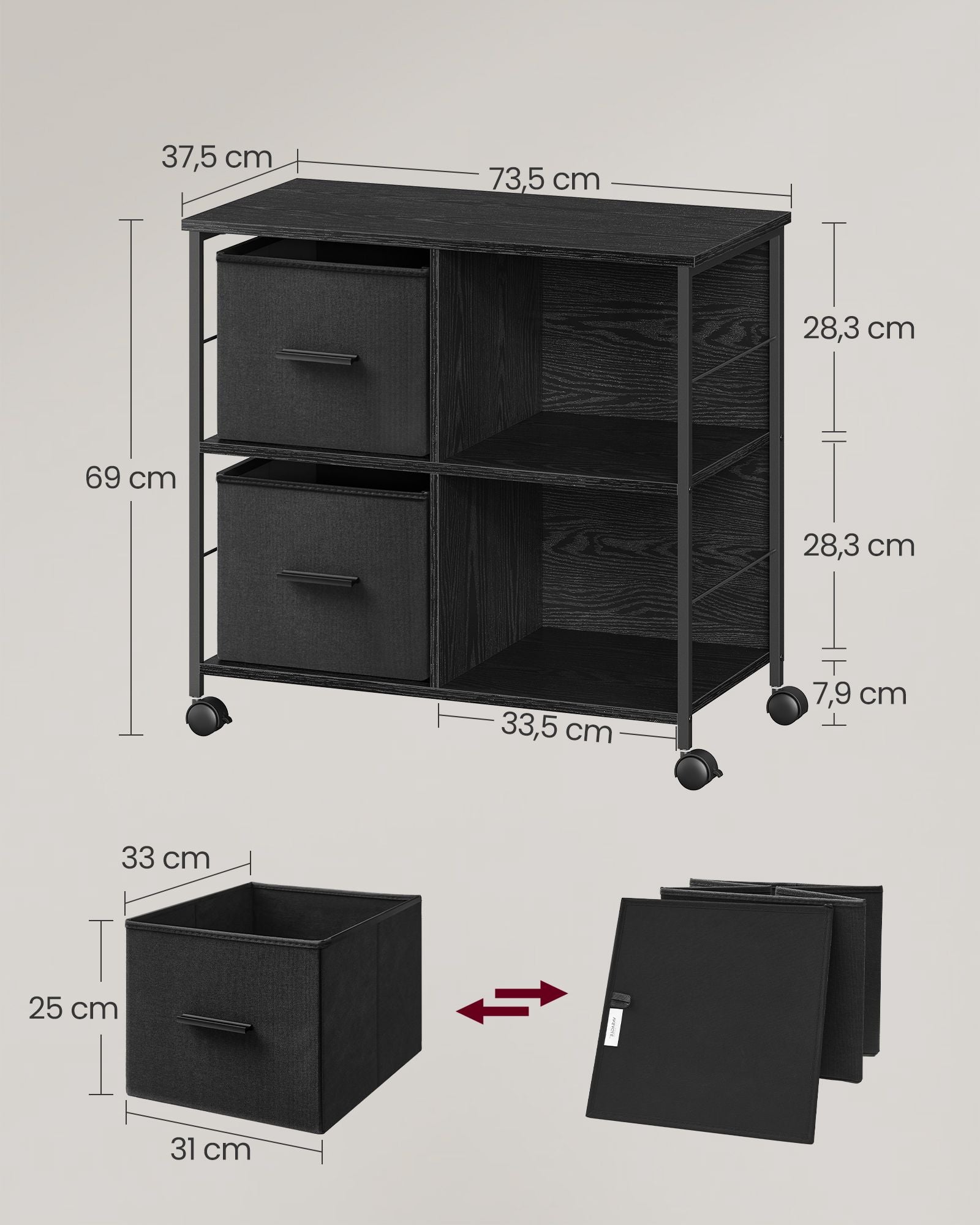 Büroschrank mit 2 Stoffschubladen ebenholzschwarz