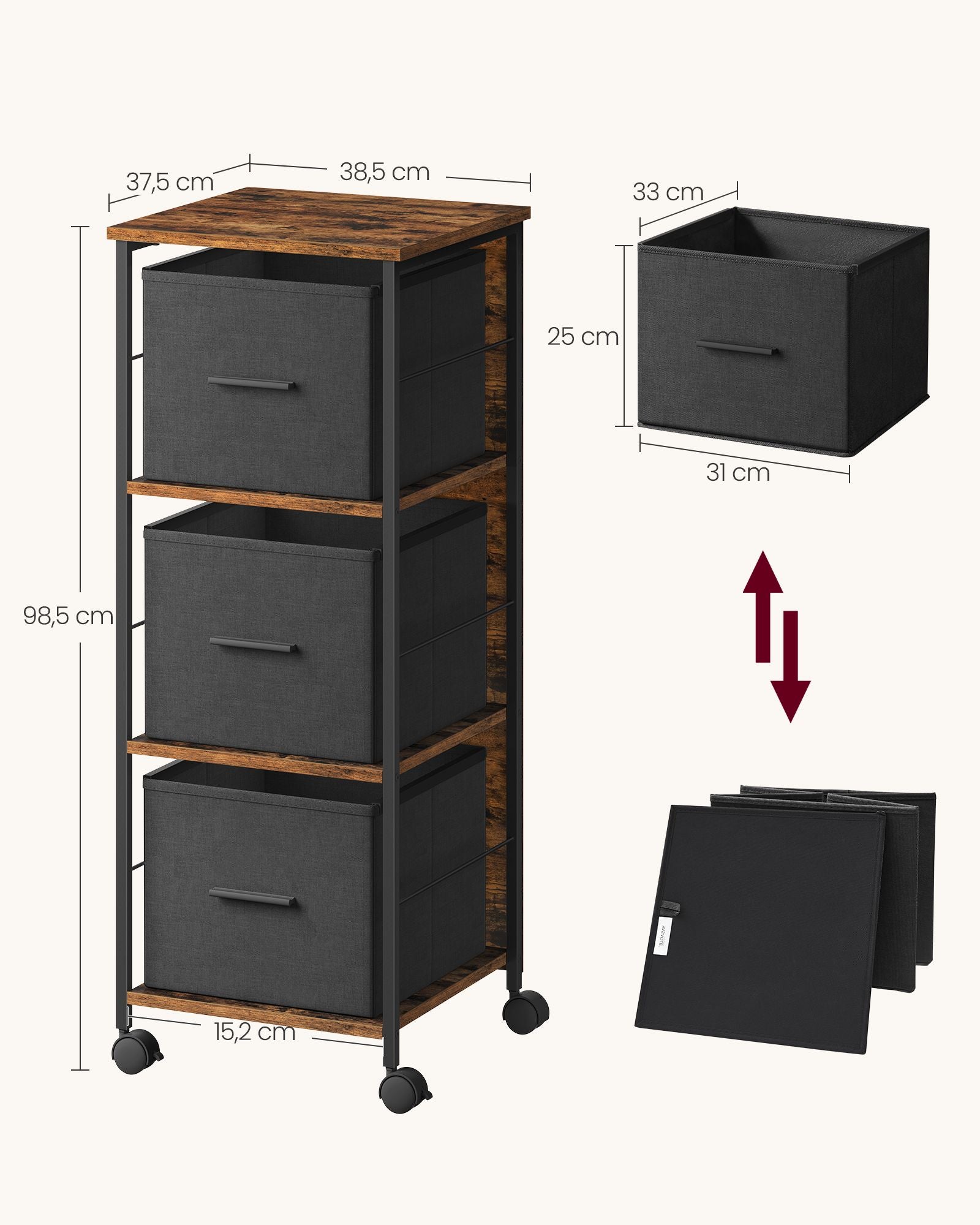 Aktenschrank mit 3 Schubladen vintagebraun-tintenschwarz