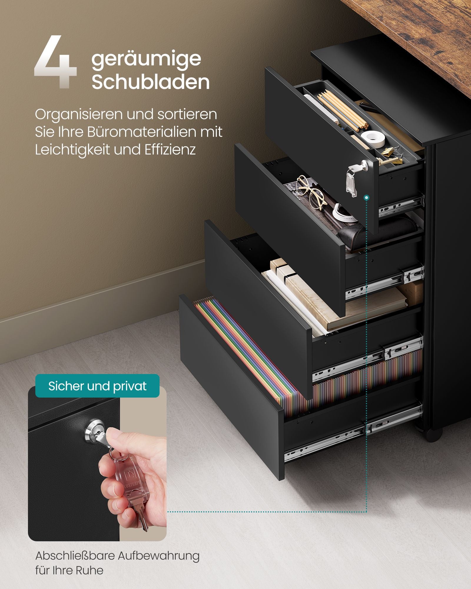 Rollcontainer mit 4 Schubladen und Rädern tintenschwarz