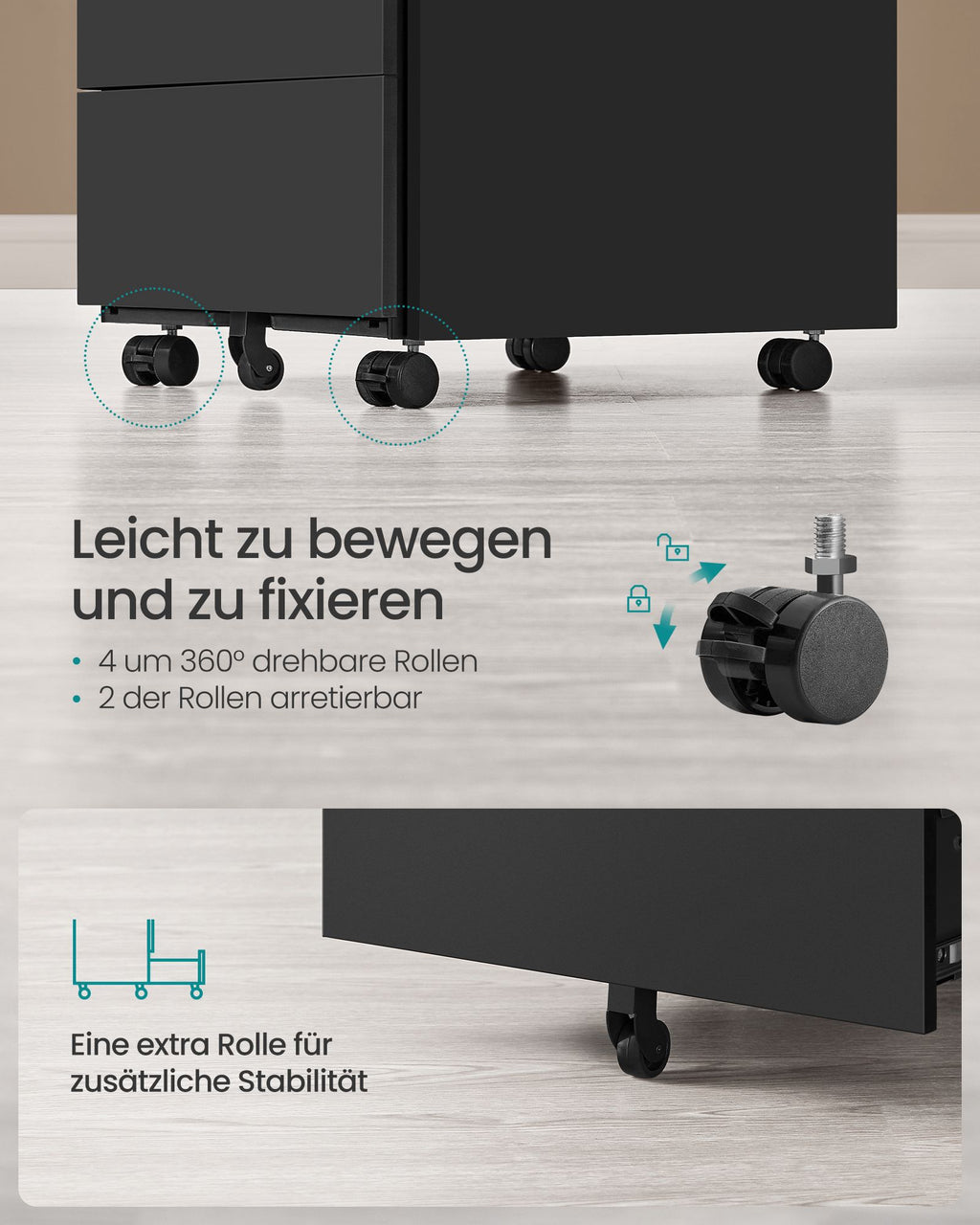Rollcontainer mit 4 Schubladen und Rädern tintenschwarz