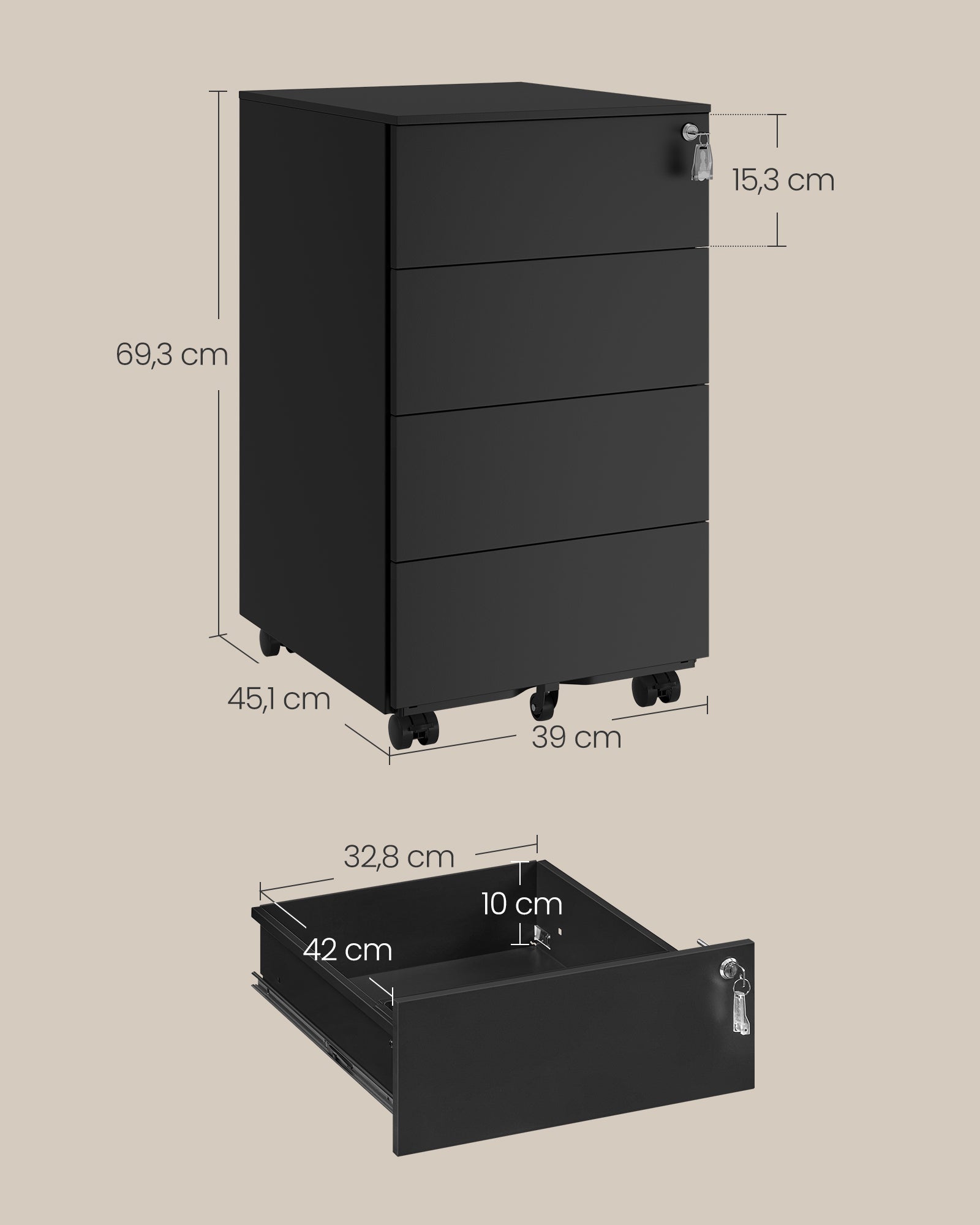 Rollcontainer mit 4 Schubladen und Rädern tintenschwarz