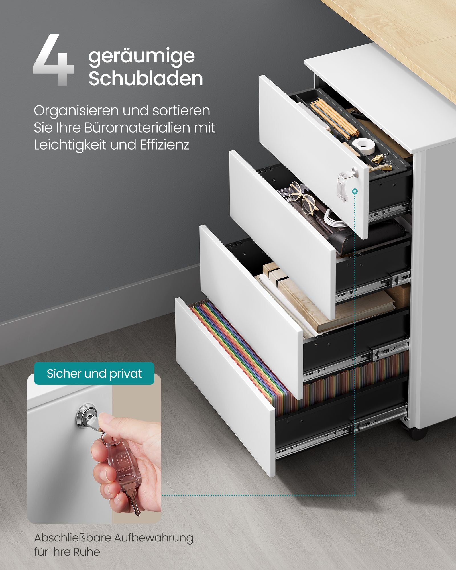 Rollcontainer mit 4 Schubladen und Rädern wolkenweiß