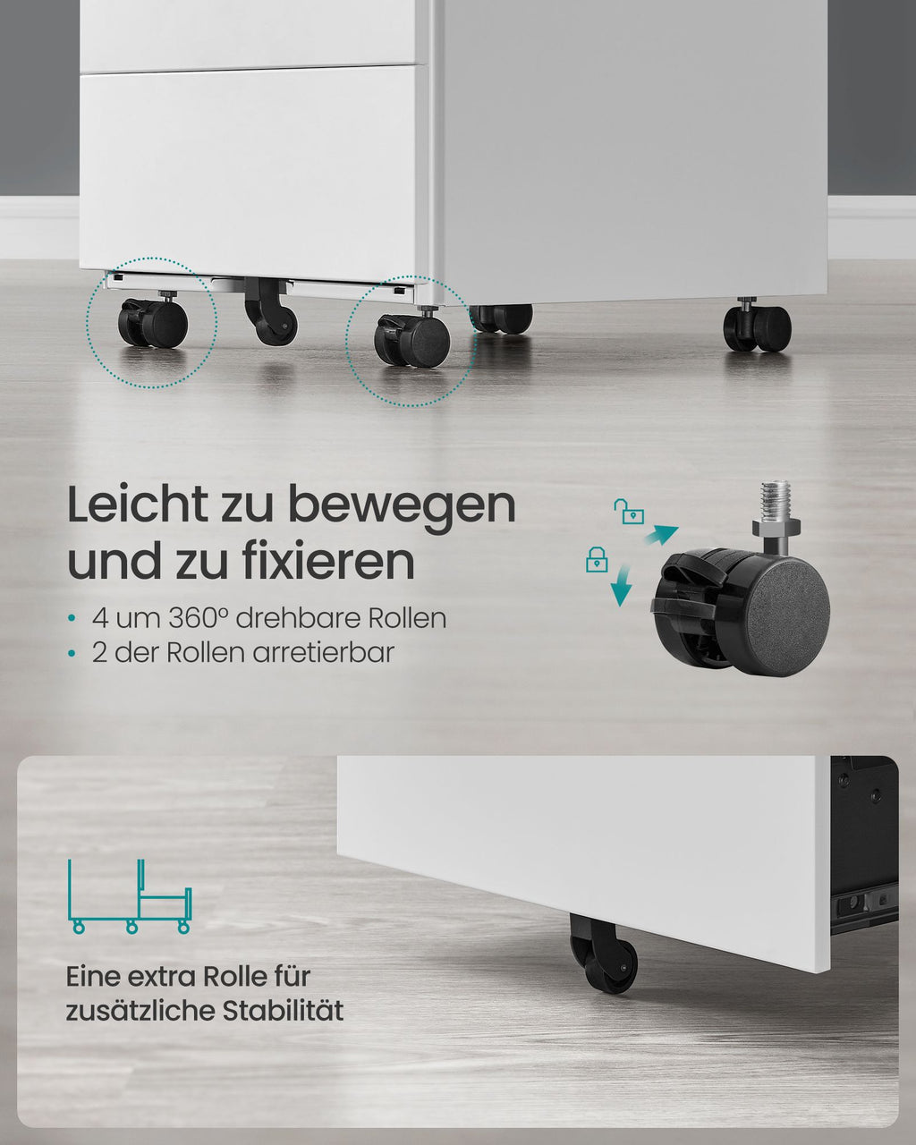 Rollcontainer mit 4 Schubladen und Rädern wolkenweiß
